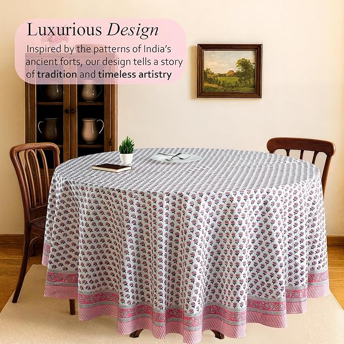CPC Round Tablecloth- Cotton Indian Block Print Tablecloth -Handmade Printed Washable Cotton Table Cloth - Spring/Summer, Wedding Table Cover - Pink Sapphire 120 Inch