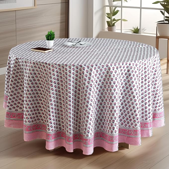 CPC Round Tablecloth- Cotton Indian Block Print Tablecloth -Handmade Printed Washable Cotton Table Cloth - Spring/Summer, Wedding Table Cover - Pink Sapphire 120 Inch
