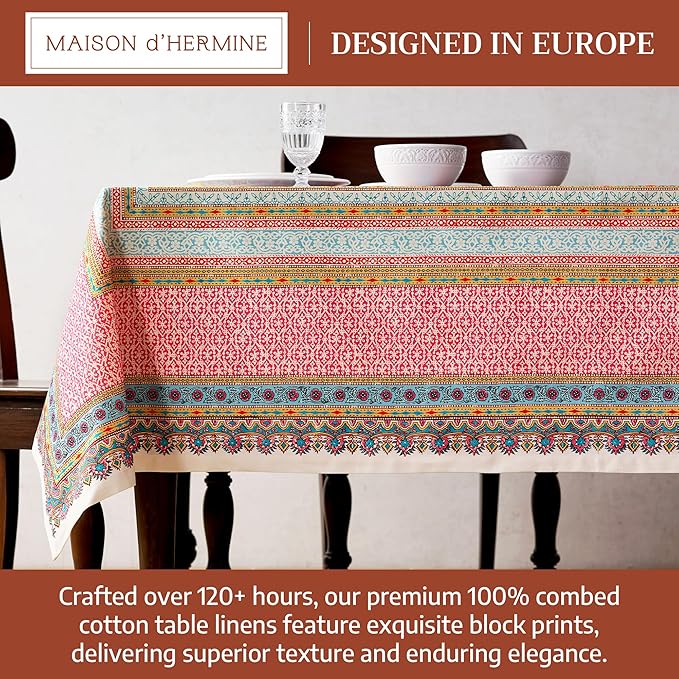 Maison d' Hermine Premium Table Cloth Rectangle Table 100% Combed Cotton 90 x 70 Inches Tablecloth Reusable Decorative for Dining Room, Farmhouse, Home, Party, Festive & Wedding - Lauris