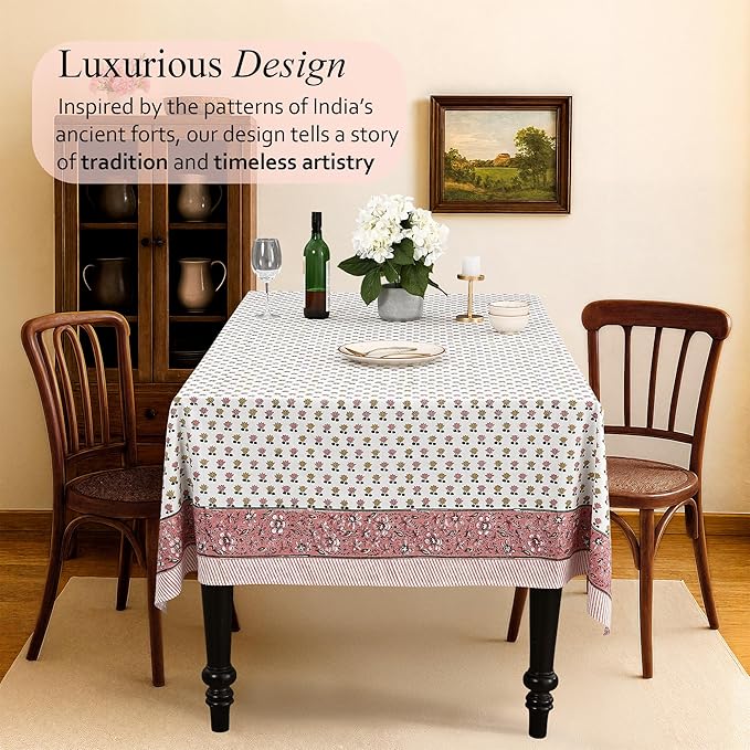 CPC Rosette Bloom Tablecloth 100% Cotton 70x108 Inch Indian Block Print Rectangle Table Cover, Table Cloth for Gifting in Weddings, Halloween, Fall, Christmas, Thanksgiving