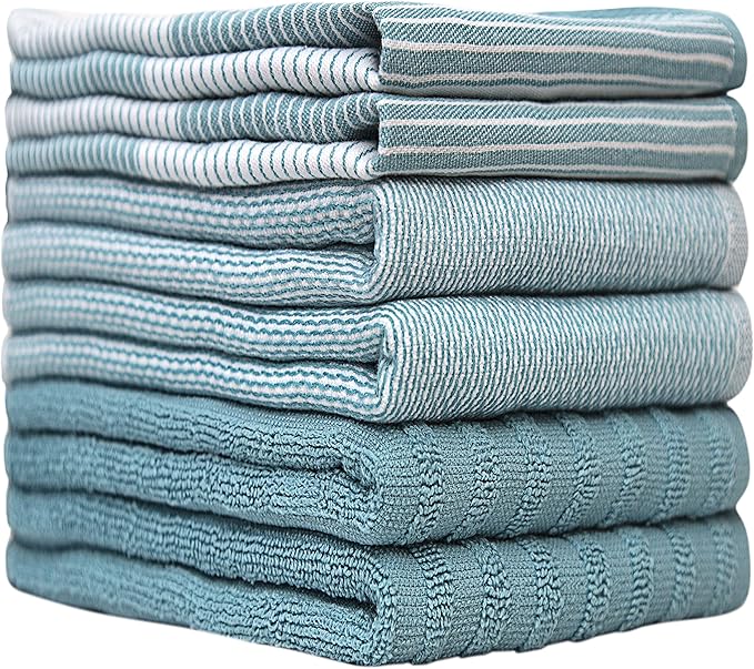 Premium Kitchen Towels (20”x 28”, 6 Pack) | Large Cotton Dish Towels | Flat & Terry Highly Absorbent Kitchen Linen Set with Hanging Loop | Aqua