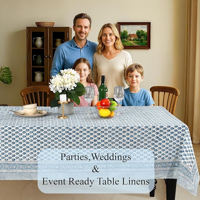 CPC Tablecloth 100% Cotton 70x118 Inch Indian Block Print Rectangle Table Cover, Table Cloth for Weddings, Spring/Summer, Barbeque - Apatite Blue
