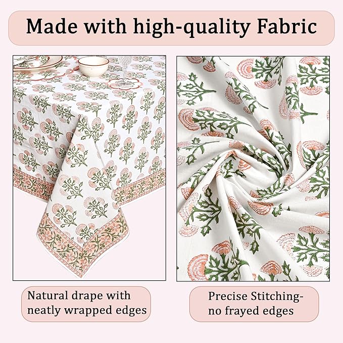Ridhi Hand Block Print Mughal Buta Peach Rectangle Cotton Tablecloth 108" x 70" Reusable Table Cover Decorative Everyday Use for Dining, Farmhouse, Home Gift for Spring, Easter, Valentine