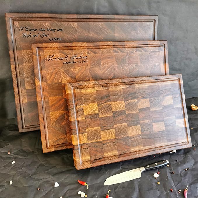 Personalized End Grain Walnut Cutting Board, GrainWoods Handcrafted Wood Kitchen Chopping Block (16x10x2 Inches)