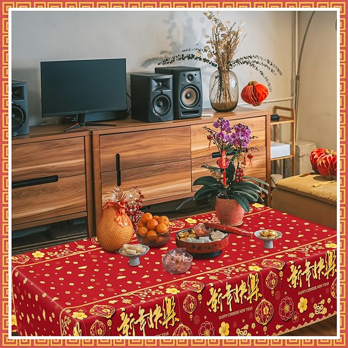 3 Pack Chinese New Year Decorations 2026, 54 x 108 Inches Red Plastic Table Cloths, Disposable Lunar New Year Table Cloth Rectangle Tablecloths Tablecover, Spring Festival Year of the Horse Decor
