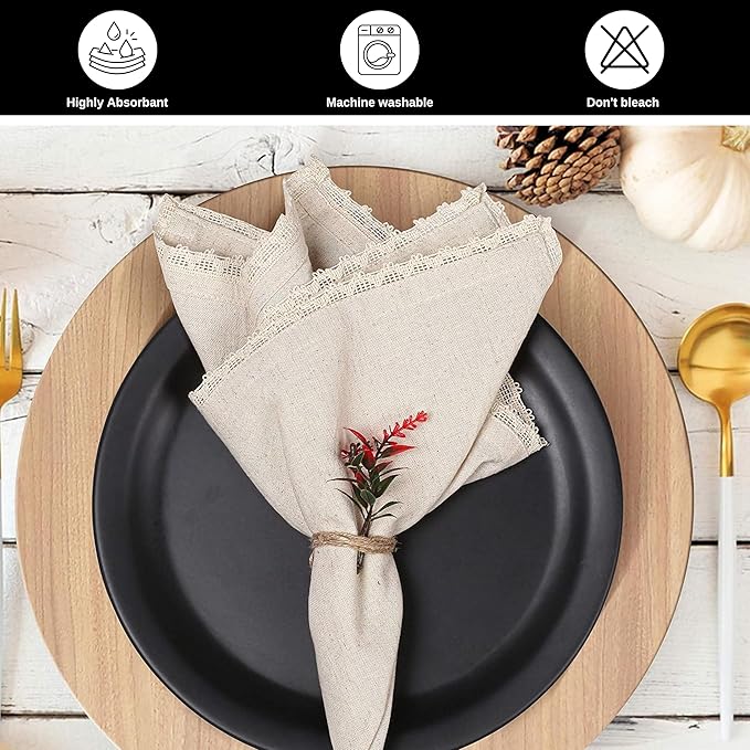 Homidate Cloth Dinner Napkins Linen Flax Cotton 18x18 Set of 12 – Natural with Lace & Mitered Corners – Machine Washable Reusable Fabric Napkins for Weddings, Parties & Table Decorations