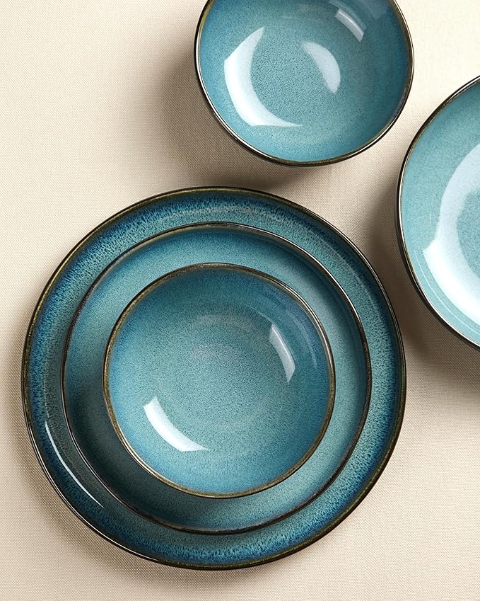 Plates and Bowls Sets, 16 Pieces Dinnerware Set for 4 with Pasta Bowls, Handmade Dishes Set, Chip Resistant Dishware Sets, Microwave Safe Dinner Set, Designed for Interactive Meals, Green Black
