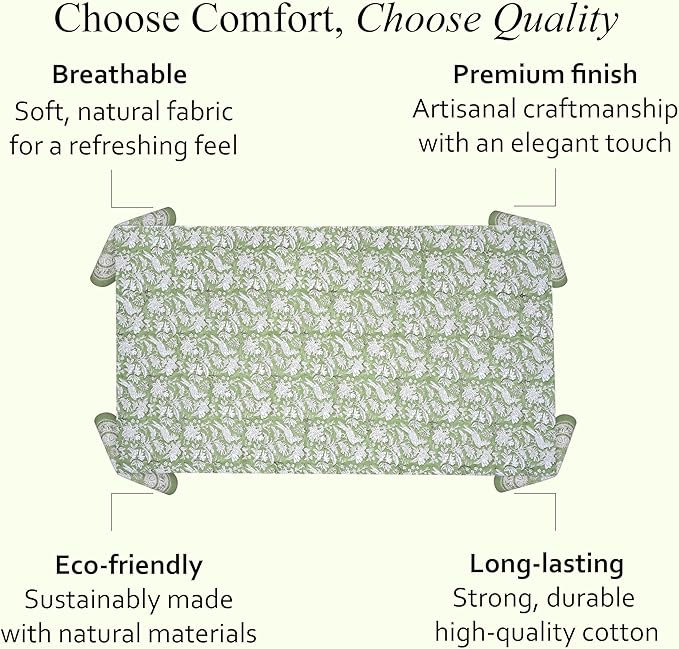 CPC Tablecloth 100% Cotton 72x140 Inch Indian Block Print Rectangle Table Cover, Green Table Cloth for Weddings, Spring/Summer, Barbeque - Olive Green