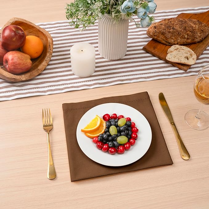 Blue Needles Set of 6 Hemstitch Linen Napkins 100% Cotton Nut Brown Cloth Dinner Napkins 18x18 inches, Soft, Reusable, Absorbent, Washable, Ideal for Wedding Events, Parties & Everyday Use