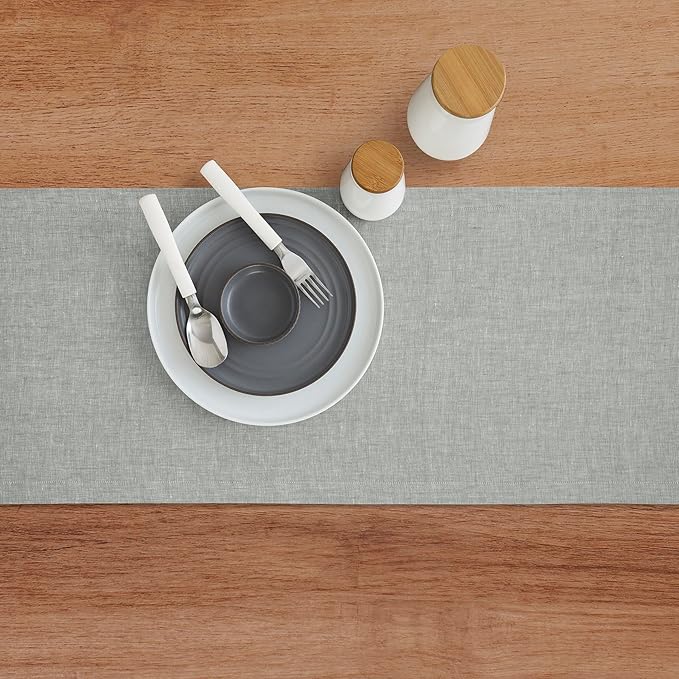 Solino Home Linen Table Runner 90 Inches Long - Athena, 100% Pure Linen Chambray Grey Table Runner 14 x 90 Inch for Dining