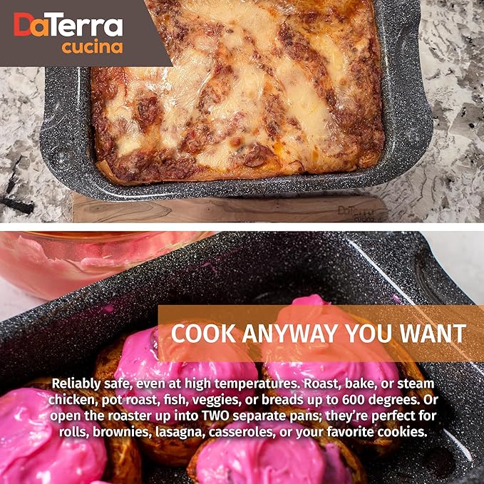 DaTerra Cucina - 13" Nonstick Ceramic Coated Dual Roasting Pan Set – 2 Identical Pans, Oven Safe, Ideal for Roasting, Baking, Searing, Braising, Casseroles, Fits Most Toaster Ovens