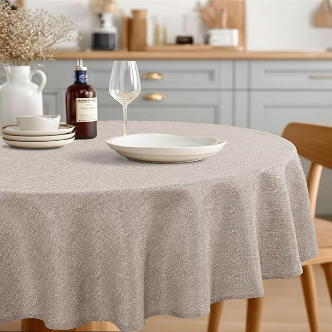 JIUZHEN Faux Linen Round Tablecloths 84 inch, Decorative Wrinkle Free Texture Rustic Circle Table Cloth Cover for Kitchen, Dining, Party, Wedding, Outdoor Use (84 Inch Round,Stone)