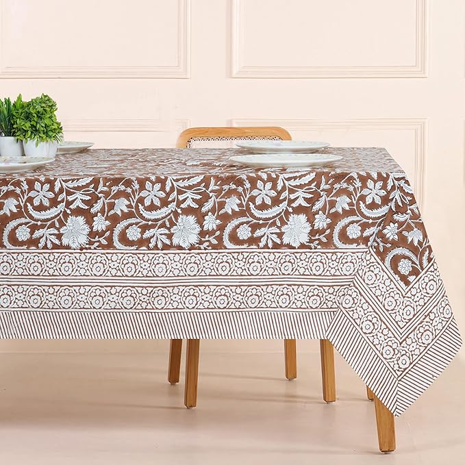 Handblock Print Cotton Tablecloth – 72x108 Rectangular Table Cover Seats 6–8 – Indian Block Printed Floral Dining Table Linen – Boho Washable Cloth for Kitchen, Party, Outdoor, Dark Brown