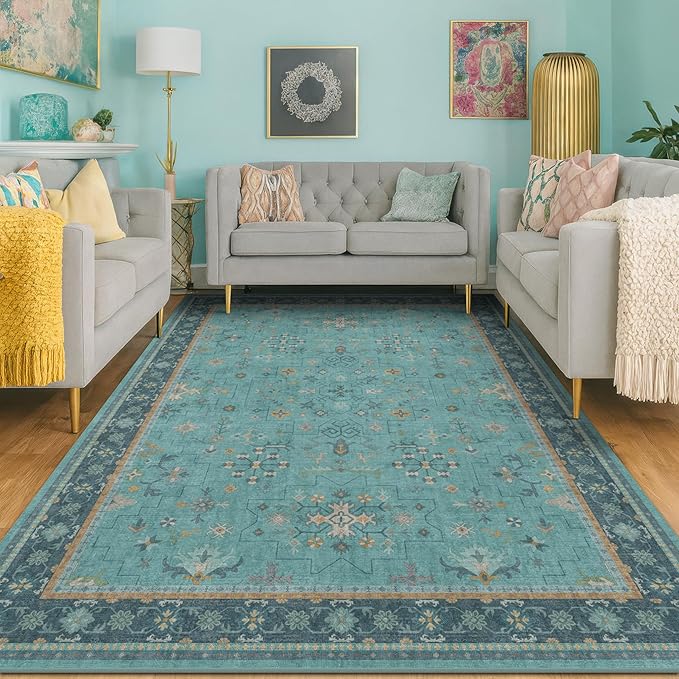 5x7 Teal Rug for Living Room, Boho Turquoise Rugs for Bedroom, Modern Eclectic Low-Pile Carpet for Dining Table, Washable Non-Slip with Rubber Back