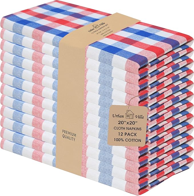 Urban Villa July 4th Cloth Napkins Red/Blue/White Dinner Napkins 100% Cotton (Set of 12) 20x20 Inches Buffalo Checks Highly Absorbent Soft Durable Reusable & Washable Table Dinner Napkins