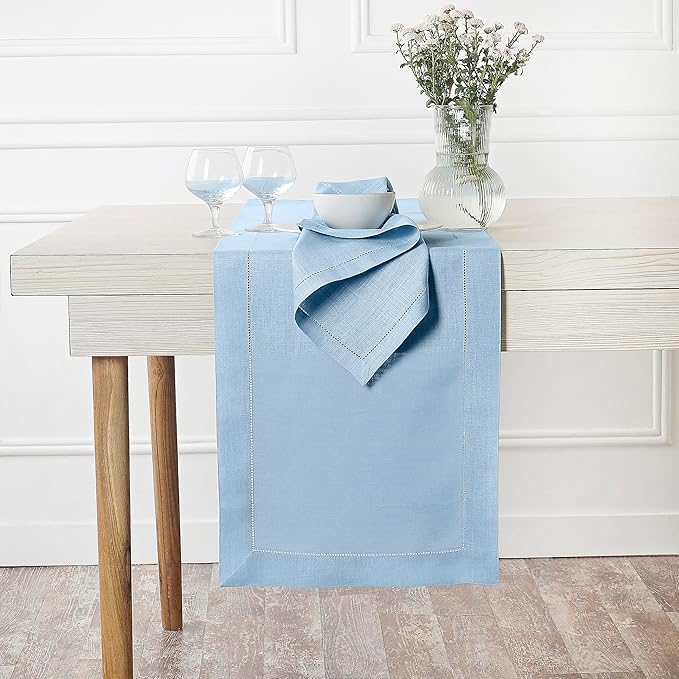 D'Moksha Homes Linen Powder Blue Table Runner 48 Inches - Classic Hemstitch, 100% Pure Linen Coffee Table Runner 14 x 48 Inch Ideal for Dresser Tables - Spring, Easter