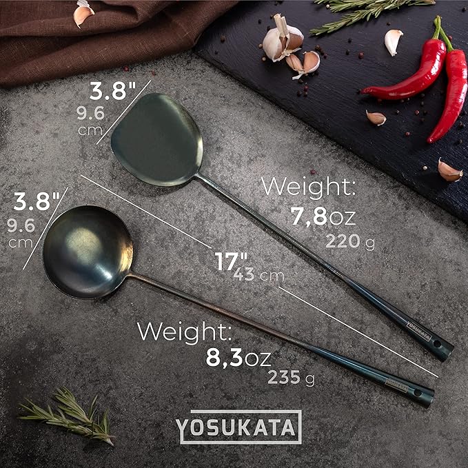 YOSUKATA Carbon Steel Wok Pan – 11,8 “ Woks and Stir Fry Pans + Pre-Seasoned Wok Utensils Set - Blue Carbon Steel 17-inch Wok Spatula, Wok Ladle, 3 pairs of Chopsticks Visit the Store