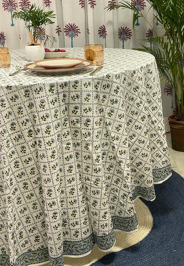 Ridhi Block Print Round Indian Light Blue Reusable Tablecloth 100% Cotton 110" Inch Decorative Table Cover eveyday Dining, Home, Party, Wedding, Farmhouse Gift for Spring, Easter, Valentine