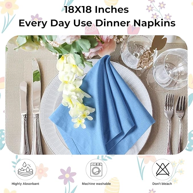 Homidate Cotton Dinner Napkins Set of 12 – 18x18 Light Blue – Machine Washable Fabric Napkins Ideal for Weddings, Thanksgiving, Christmas & Everyday Dining