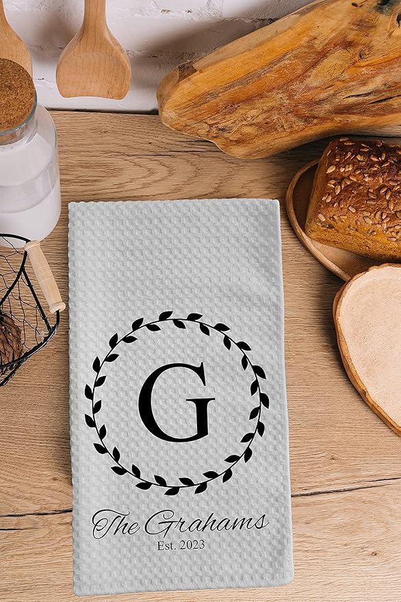 Personalized Kitchen Towel | Custom Tea Towel | Family Name Dish Towel | Kitchen Decor | Hand Towel | Housewarming Gift | Monogram Dishcloth (Wreath 6)