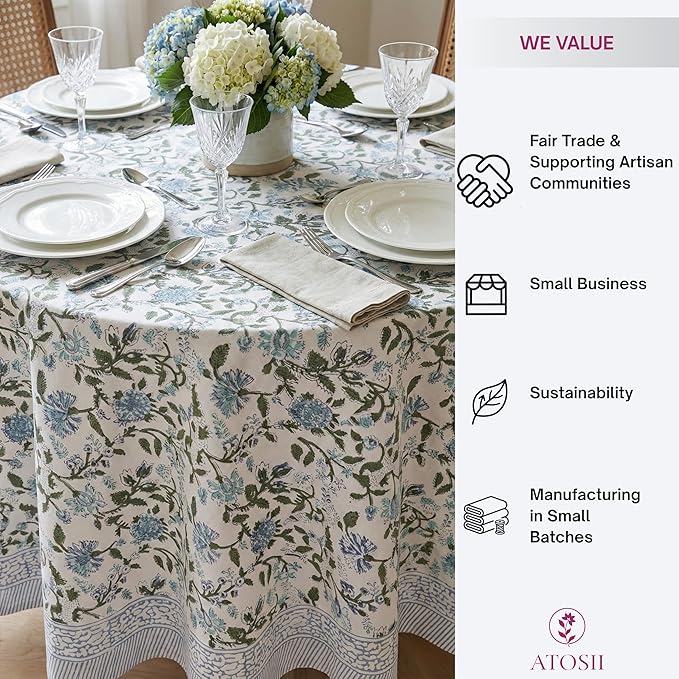 ATOSII Mahoka Blue 100% Cotton Round Tablecloth, Block Print Floral Table Cloth for Dining, Parties, Weddings, Outdoors, Holidays I 72" Inches, 4 Seater I Grandmillennial Farmhouse Boho Summer