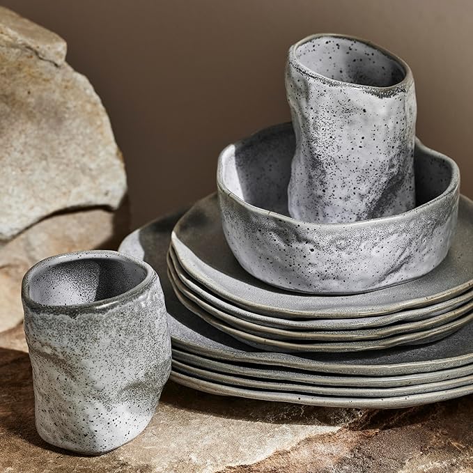 Stone by Mercer Project Atik Modern Stoneware 16-Piece Dinnerware Set, Plate and Bowl Set, Dish set for 4, Grey Speckled