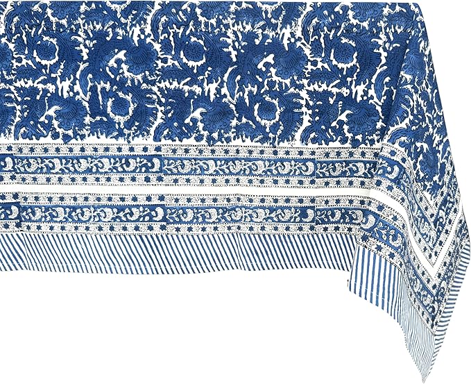 ATOSII Paradise Blue 100% Cotton Rectangle Summer Tablecloth, Handblock Floral Print Linen Table Cloth for Kitchen Dining I Parties, Weddings, Outdoors, Decor 60 X 90 Inches