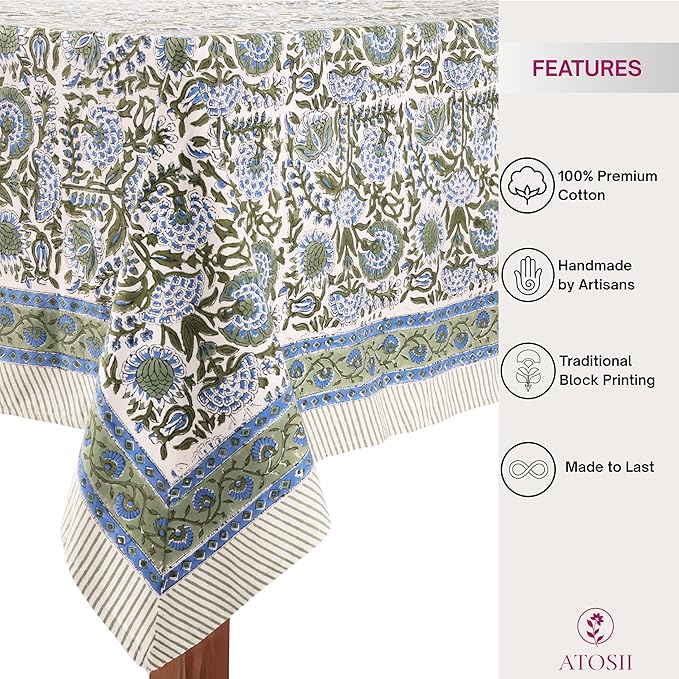 ATOSII Clover Blue 100% Cotton Rectangle Fall Tablecloth, Handblock Floral Linen Table Cloth for Kitchen Dining Table I Parties Christmas Thanksgiving I Fall Home Decor 60 X 90 Inches I 6 Seater