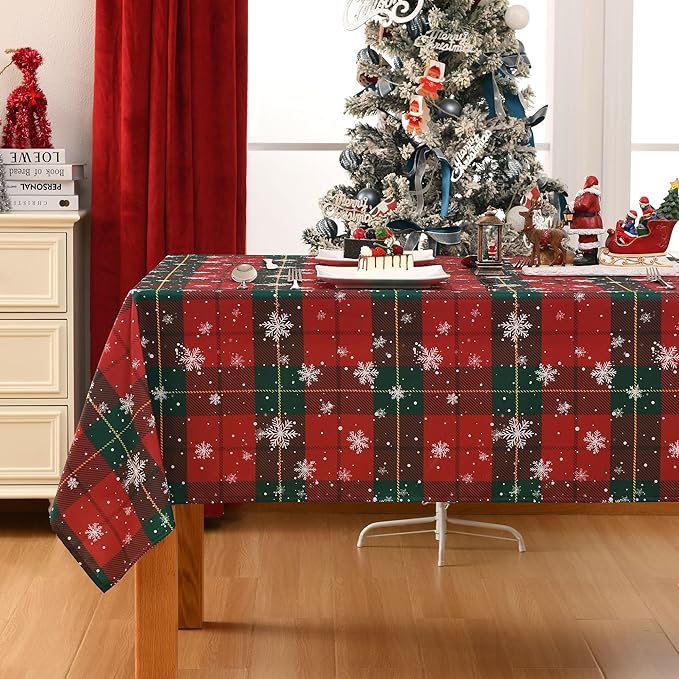 Hiasan Christmas Checkered Tablecloth - Stain Resistant, Waterproof and Wrinkle Resistant Washable Table Cloth for Party，Dining Room and Kitchen,60 x 84 Inch,Red and Green Gingham Snowflakes Printed