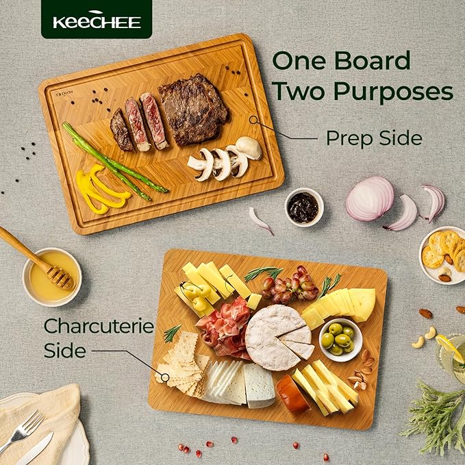 Atelier Collection Bamboo Cutting Board, Reversible Wood Chopping Boards for Kitchen with Juice Grooves, Handcrafted Large Serving Tray, Luxury Housewarming Wedding Gifts for New Home