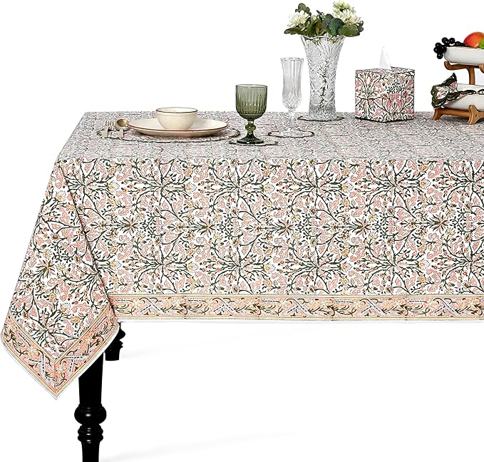 Ridhi Hand Block Print Sassy Salmon Emerald Green Rectangle Cotton Tablecloth 140" x 72" Reusable Table Cover Decorative Everyday Use for Dining, Farmhouse, Home Gift for Spring, Easter, Valentine