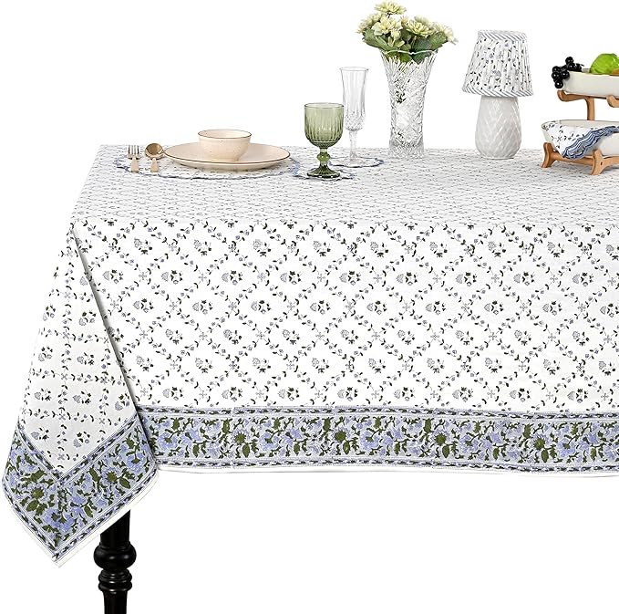 Ridhi Hand Block Print Powder Blue Rectangle Cotton Tablecloth 108" x 60" Reusable Table Cover Decorative Everyday Use for Dining, Farmhouse, Home Gift for Spring, Easter, Valentine