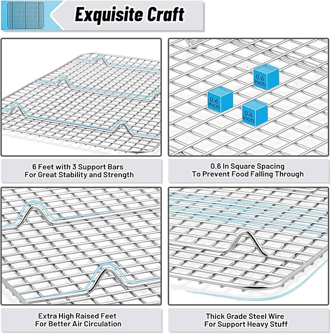TeamFar Cooling Rack Set of 2, Stainless Steel 16.5’’ x 11.5’’ Baking Rack for Oven Cooking Roasting Grilling, Wire Rack for Cooling Cookies, Fits Half Sheet Pan, Healthy & Heavy Duty, Dishwasher Safe