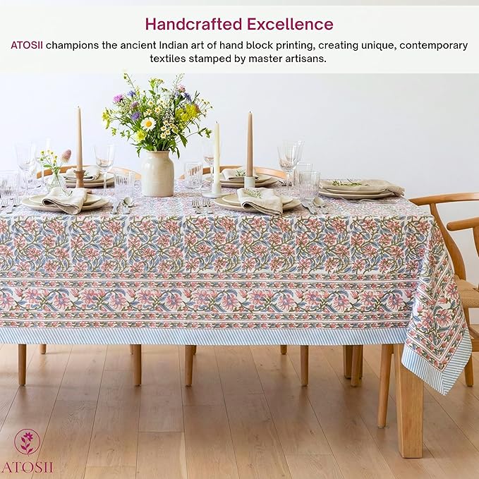 ATOSII Kalina 100% Cotton Fall Rectangle Tablecloth, Handblock Print Floral Table Cloth for Kitchen Dining Linen I Weddings Outdoors Easter Spring Summer I 72 X 108 Inches I 8 Seater