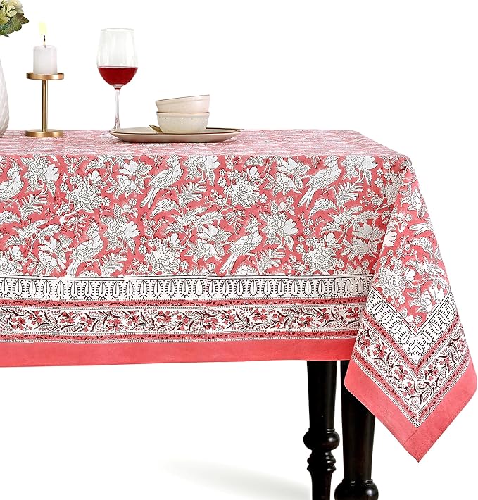 CPC Tablecloth 100% Cotton 60x60 Inch Indian Block Print Square Table Cover, Table Cloth for Weddings, Spring/Summer, Barbeque - Pink Coral