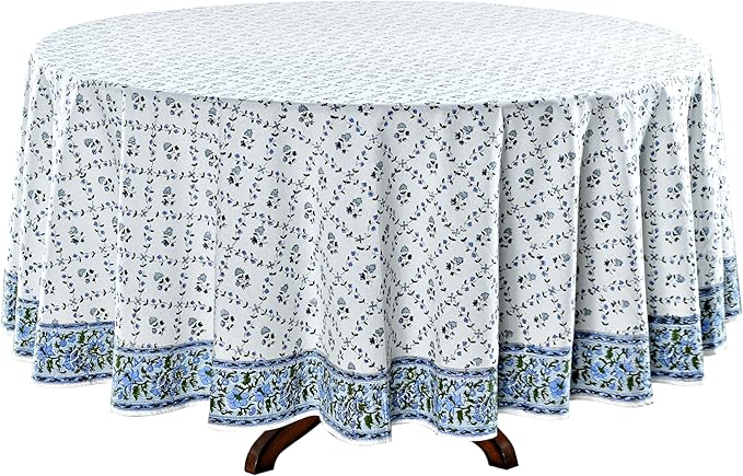 Ridhi Block Print Round Powder Blue Reusable Tablecloth 100% Cotton 110" Inch Decorative Table Cover eveyday Dining, Home, Party, Wedding, Farmhouse Gift for Spring, Easter, Valentine