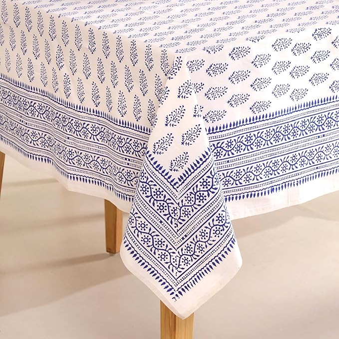 Hand Block Printed Table Cover - Exquisite Design, Premium Cotton Fabric, Perfect for Dining and Decor, Dining Table Linen (Blue Buti, 12 Seater 72 x 135 Inches Rectangle)
