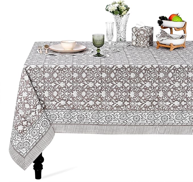 Ridhi Hand Block Print Taupe Rectangle Cotton Tablecloth 108" x 70" Reusable Table Cover Decorative Everyday Use for Dining, Farmhouse, Home Gift for Spring, Easter, Valentine