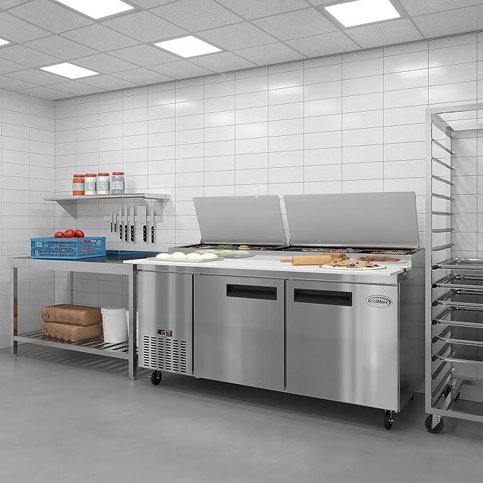 KoolMore 71 in. Commercial Pizza Prep Table with Built-In Refrigerator, Cutting Board, Food Protection Lid, Cold Storage, Rolling Caster Wheels in Stainless Steel, ETL Listed, (KM-RPPS-2DSS)