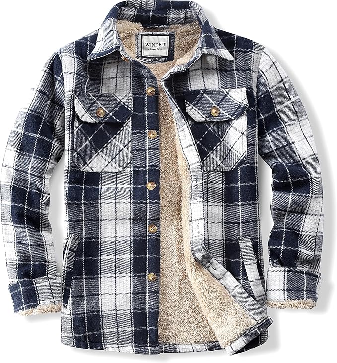Men's Cotton Sherpa Lined Button Down Flannel Shirt Jacket Plaid Soft Outdoor Flannel Jacket Shirt