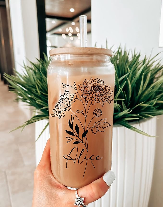 Sip-Sip Hooray! Personalized Birth Flower Glass Cup with Lid & Straw, 16oz Custom Name Mason Jar Tumbler, Dishwasher Safe Iced Coffee Cup, Floral Bridesmaid or Birthday Gift for Women, Glass Straws