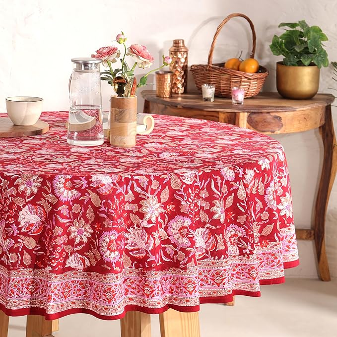 Hand Block Printed Table Cover - Exquisite Design, Premium Cotton Fabric, Perfect for Dining and Decor, Dining Table Linen(Cherry Red,6 Seater 72 Inches Round)