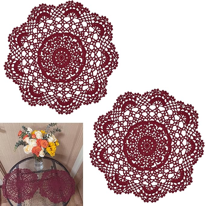 BIBITIME 2PCS 13 inches to 14 inches Cotton Crochet Doilies Kitchen Placemats Round Handmade Knitted Flower Cup Mug Mats Doily Wine Red Coasters