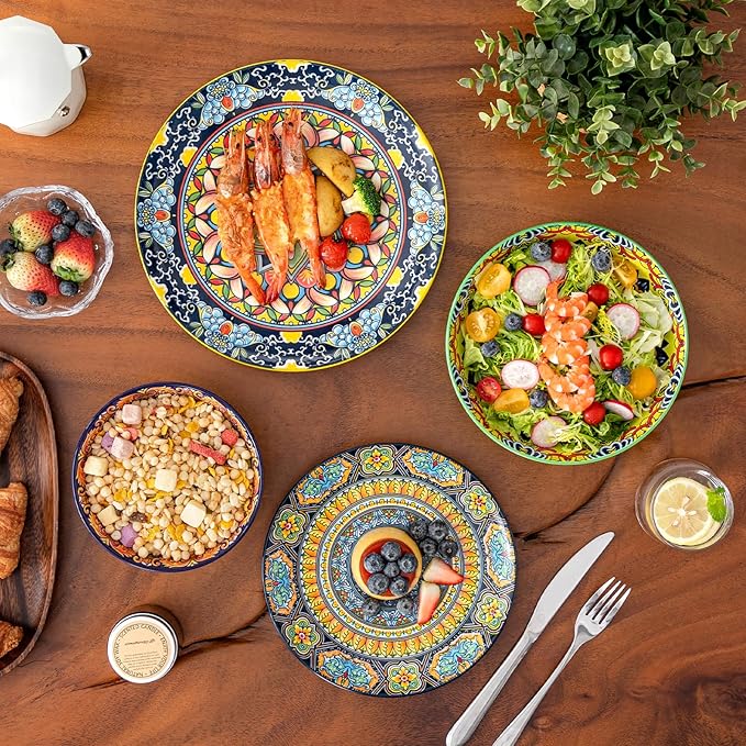 vancasso 16 Pieces Plates and Bowls Set, Bohemian Style Dinnerware Sets Service for 4, Porcelain Boho Dishes Set for Kitchen, Housewaring Gift, Dishwasher and Microwave Safe, Series KRVI