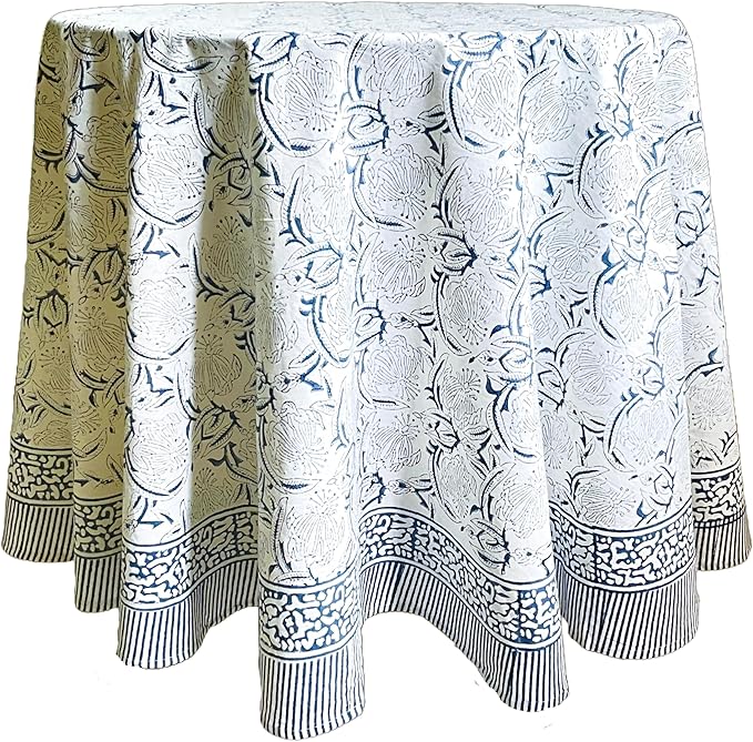 ATOSII Santorini 100% Cotton Round Boho Fall Tablecloth, Handblock Floral Table Cloth Linen for Kitchen Dining I Parties Wedding Outdoors Christmas Thanksgiving I Fall Home Decor 72" Inches Round