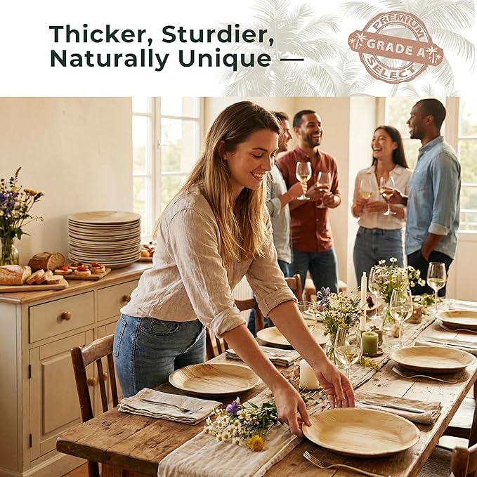 Indie Palm Disposable Palm Leaf Plates – 50 Pack 8 Inch Round – Heavy Duty, 100% Compostable & Biodegradable – Eco-Friendly Alternative to Plastic & Bamboo – Perfect for Parties & Events