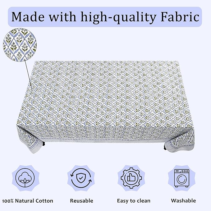Ridhi Steel Blue 60x60 Inches Square 100% Cotton Hand Block Print Tablecloth Washable Halloween Thanksgiving/Christmas Parties/Wedding Use,Fall décor Farmhouse Dining Dinner Tablecloth