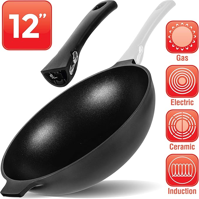 Aluminum Nonstick 12 inch Wok - Induction Compatible - Lightweight
