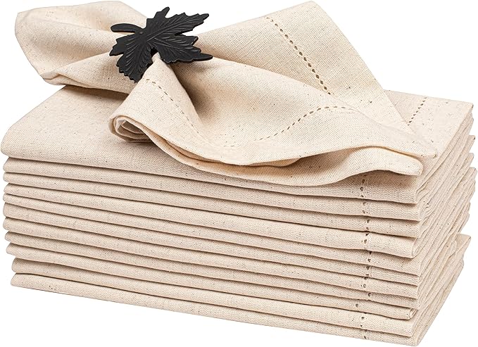 Lightnpro Flax Linen Napkins Set of 12, Hemstitched Dinner Cloth Napkins, Washable and Reusable for Dining, Parties, Weddings, Holiday & Everyday Use – 18x18 Inch Natural Color