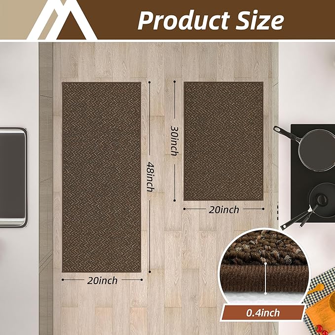 COSY HOMEER Kitchen Rugs and Mats 2PCS Non Slip Kitchen Mats for Floor Washable Stain Resistant Kitchen Runner Rug Sets Absorbent Kitchen Floor Mat 20"x32"+20"x48",Brown